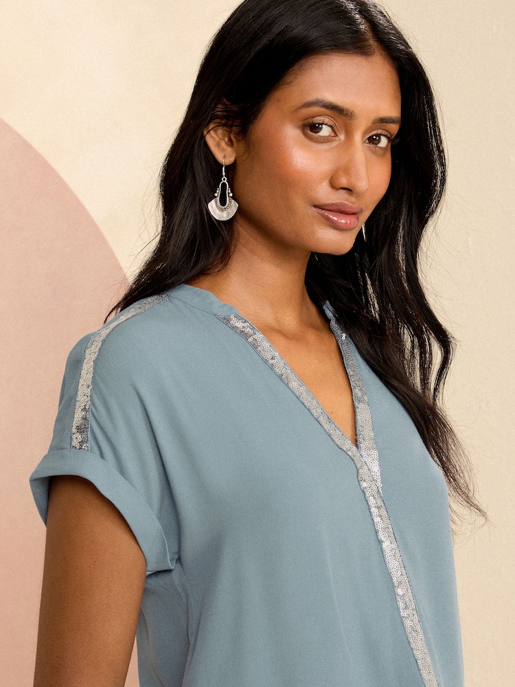 Love & Roses Blue Sequin V Neck Roll Sleeve Blouse - Image 2 of 4 Love & Roses Blue Sequin V Neck Roll Sleeve Blouse - Image 2 of 4