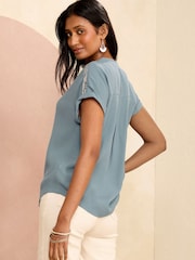 Love & Roses Blue Sequin V Neck Roll Sleeve Blouse - Image 3 of 4