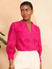 Love & Roses Pink Broderie V Neck Button Through Blouse - Image 1 of 4