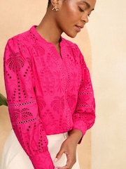 Love & Roses Pink Broderie V Neck Button Through Blouse - Image 2 of 4