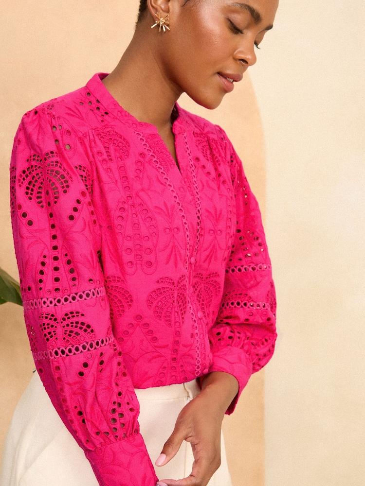 Love & Roses Pink Broderie V Neck Button Through Blouse - Image 2 of 4