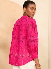 Love & Roses Pink Broderie V Neck Button Through Blouse - Image 3 of 4