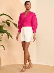 Love & Roses Pink Broderie V Neck Button Through Blouse - Image 4 of 4