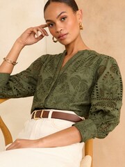 Love & Roses Green Broderie V Neck Button Through Blouse - Image 1 of 4