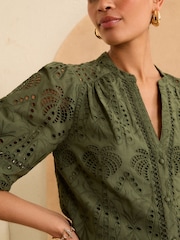 Love & Roses Green Broderie V Neck Button Through Blouse - Image 2 of 4