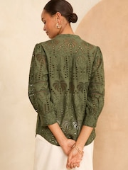 Love & Roses Green Broderie V Neck Button Through Blouse - Image 3 of 4