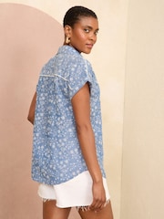 Love & Roses Blue Broderie Roll Sleeve Utility Shirt - Image 3 of 4