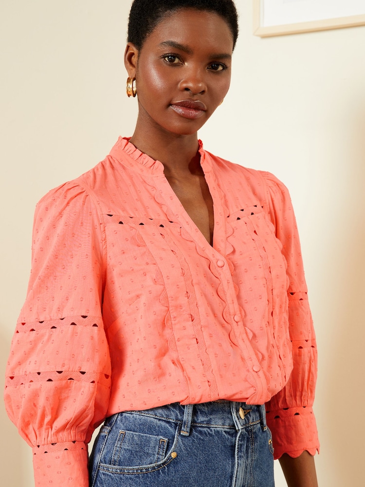 Love & Roses Pink V Neck Ric Rac Trim Blouse - Image 1 of 4 Love & Roses Pink V Neck Ric Rac Trim Blouse - Image 1 of 4