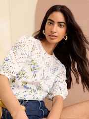 Love & Roses White Floral Broderie Yoke Puff Sleeve Blouse - Image 1 of 4