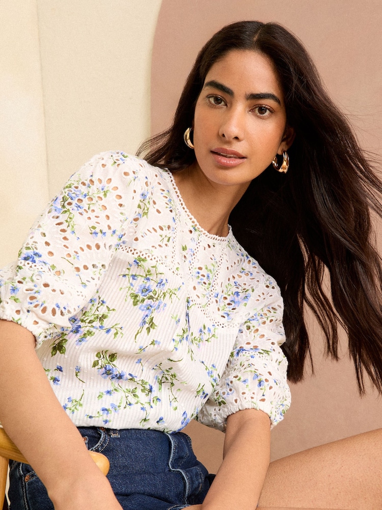 Love & Roses White Floral Broderie Yoke Puff Sleeve Blouse - Image 1 of 4