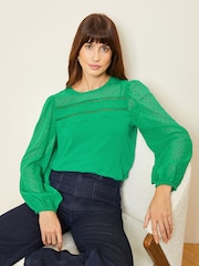 Love & Roses Bright Green Long Sleeve Dobby Mix Jersey Blouse - Image 1 of 4