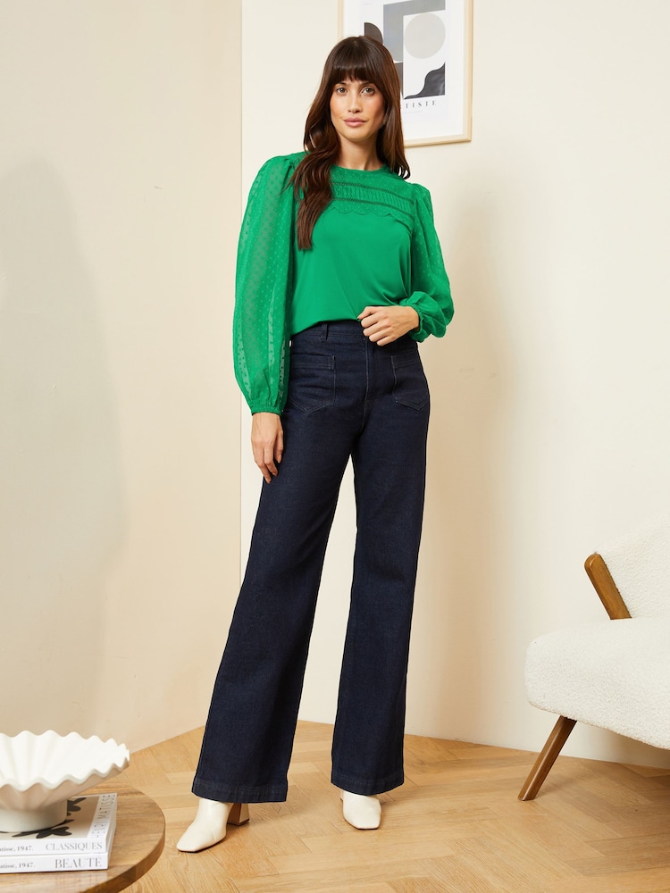 Love & Roses Bright Green Long Sleeve Dobby Mix Jersey Blouse - Image 2 of 4