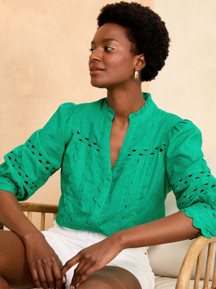Love & Roses Green V Neck Ric Rac Trim Blouse - Image 1 of 4 Love & Roses Green V Neck Ric Rac Trim Blouse - Image 1 of 4