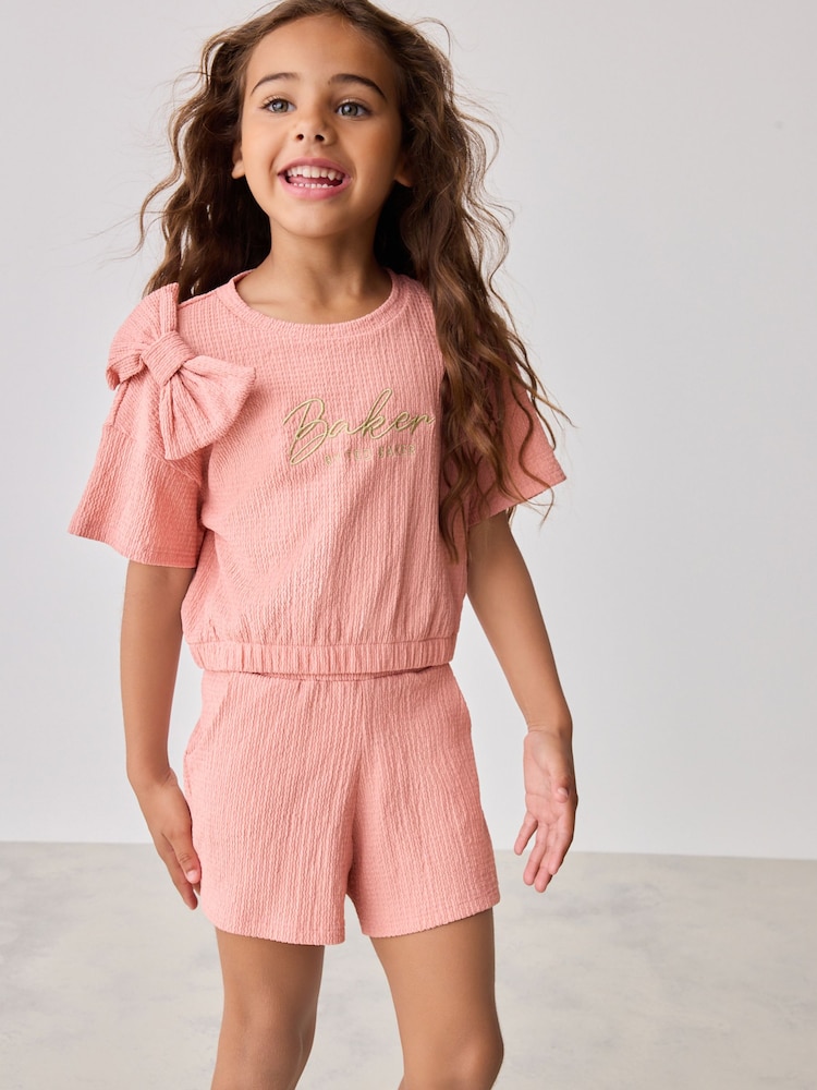 Baker By Ted Baker Pink Textured Bow Top and Shorts Set - Image 1 of 1