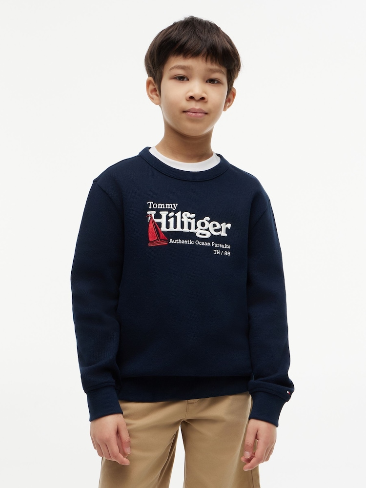 Tommy Hilfiger Blue Logo Interlock Pique Sweatshirt - Image 1 of 5 Tommy Hilfiger Blue Logo Interlock Pique Sweatshirt - Image 1 of 5
