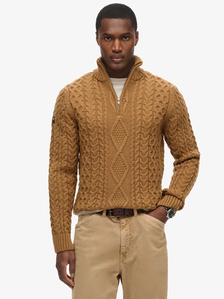 Superdry Brown Vintage Jacob Cable Knit Quarter Zip Jumper - Image 1 of 1