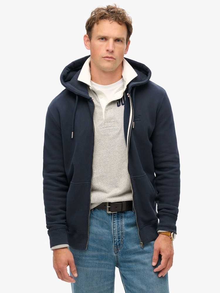 Superdry Blue Navy Essential Logo Zip-Up Hoodie - Image 1 of 6 Superdry Blue Navy Essential Logo Zip-Up Hoodie - Image 1 of 6