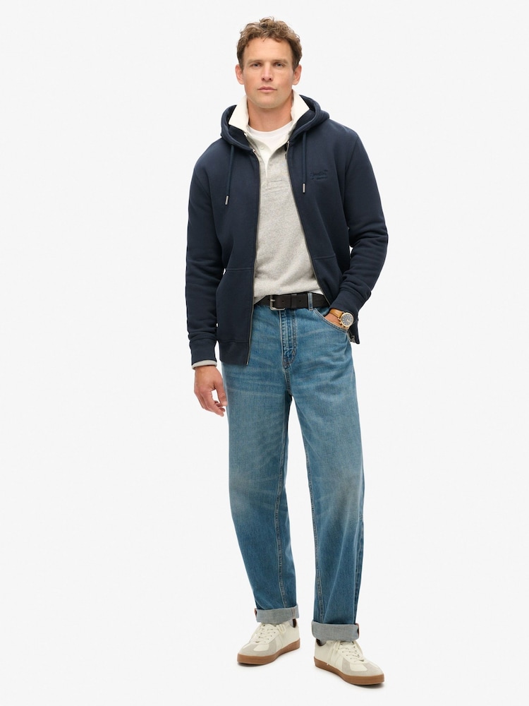 Superdry Blue Navy Essential Logo Zip-Up Hoodie - Image 2 of 6 Superdry Blue Navy Essential Logo Zip-Up Hoodie - Image 2 of 6