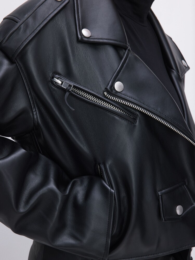 Good American Black Crop Moto Faux Leather Jacket - Image 1 of 1