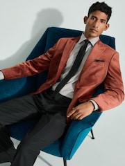 Rust Brown Slim Fit Self Lapel Velvet Blazer - Image 1 of 10