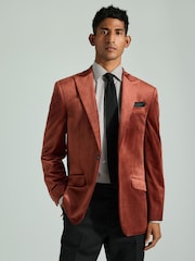 Rust Brown Slim Fit Self Lapel Velvet Blazer - Image 2 of 10