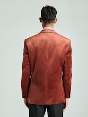 Rust Brown Slim Fit Self Lapel Velvet Blazer - Image 3 of 10