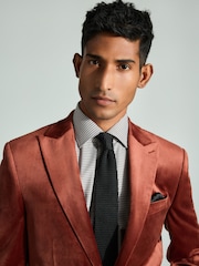 Rust Brown Slim Fit Self Lapel Velvet Blazer - Image 4 of 10