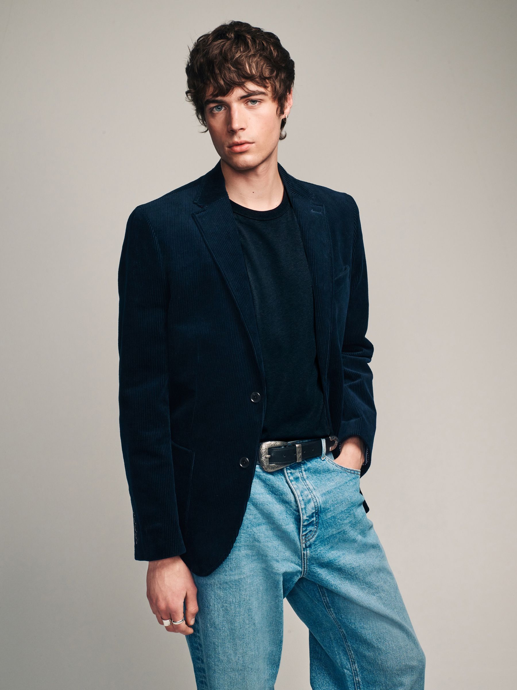 Navy Blue Regular Fit Textured Cord Blazer
