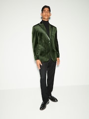 Khaki Green Regular Fit Self Lapel Velvet Blazer - Image 2 of 11