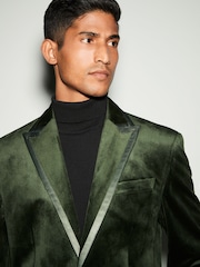 Khaki Green Regular Fit Self Lapel Velvet Blazer - Image 4 of 11