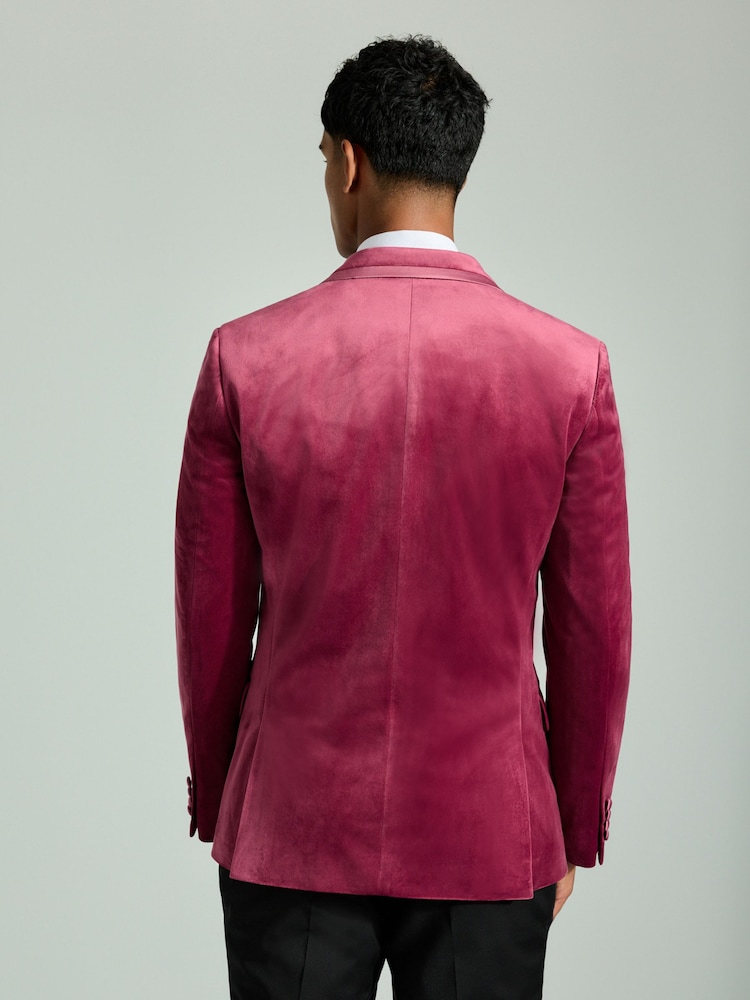 Fuchsia Pink Slim Fit Self Lapel Velvet Blazer - Image 2 of 12 Fuchsia Pink Slim Fit Self Lapel Velvet Blazer - Image 2 of 12