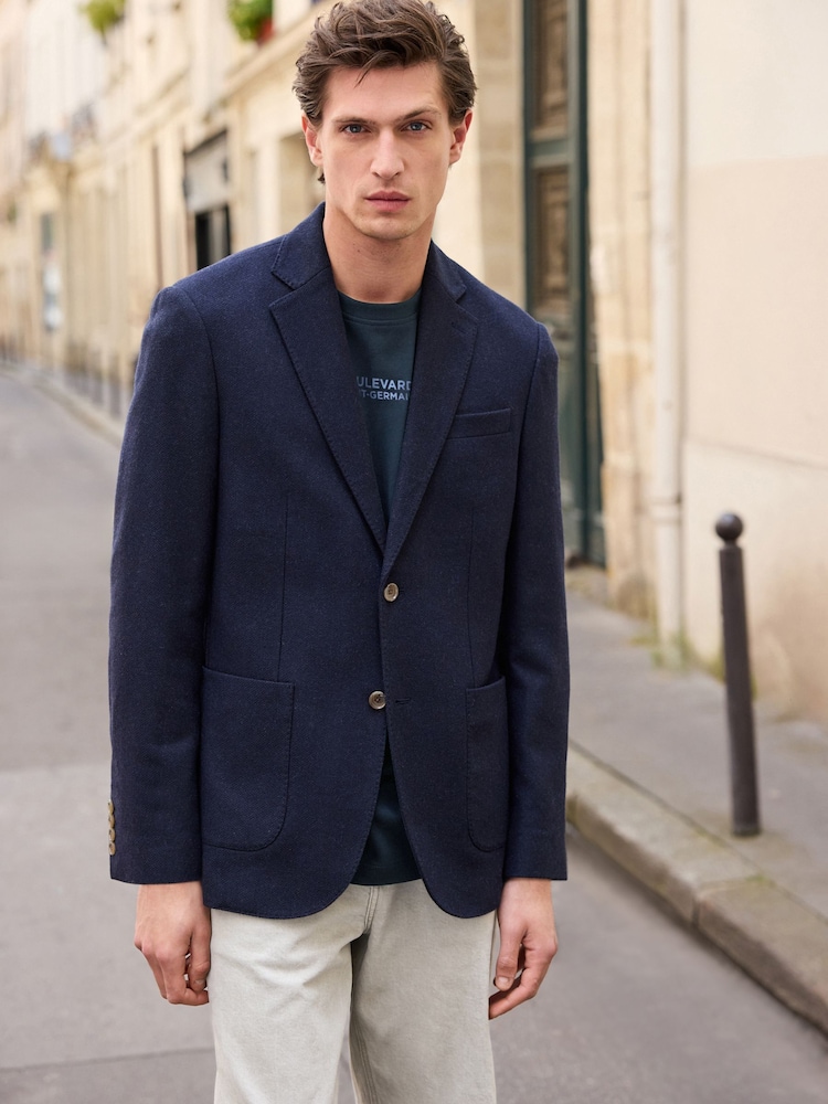 Navy Blue Nova Fides Signature Textured Wool Blazer - Image 1 of 12