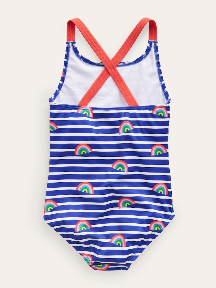 Boden Blue Cross-back Printed Rainbow Swimsuit - Image 2 of 3 Boden Blue Cross-back Printed Rainbow Swimsuit - Image 2 of 3