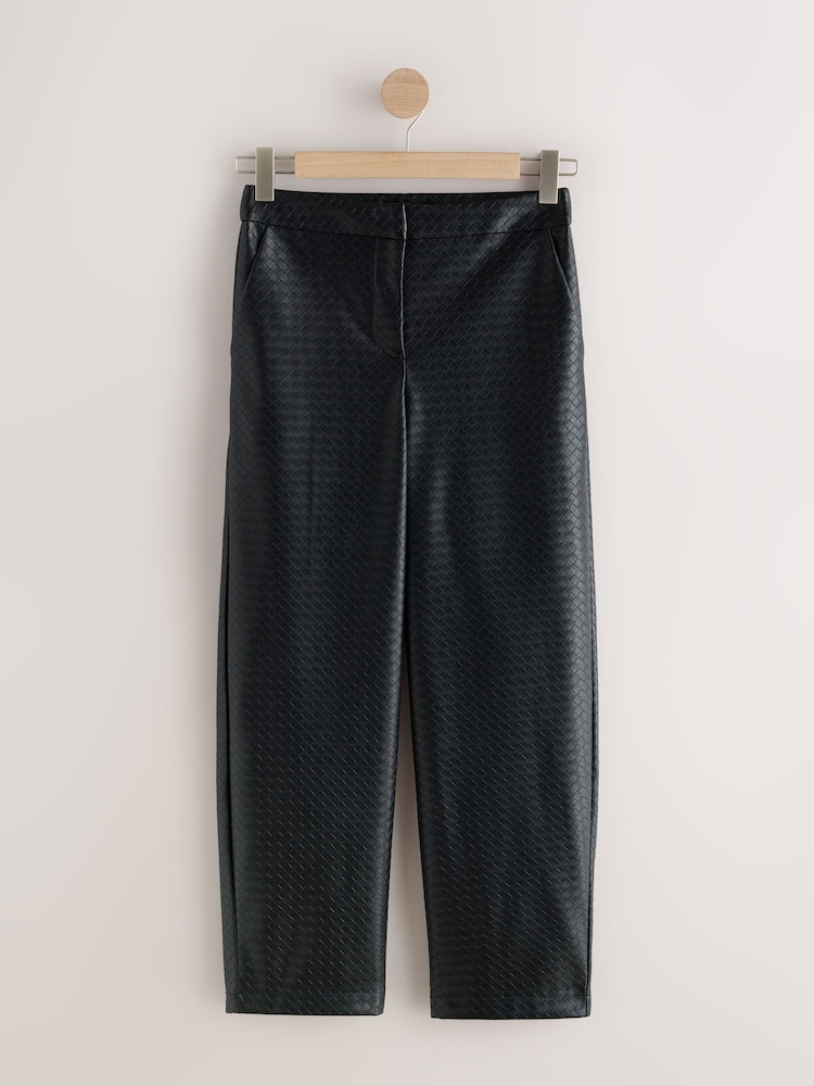 Black Basket Weave Faux Leather Barrel Leg Trousers - Image 1 of 3 Black Basket Weave Faux Leather Barrel Leg Trousers - Image 1 of 3
