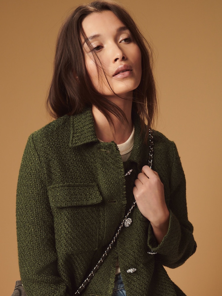 Khaki Green Boucle Button Up Shacket - Image 1 of 7
