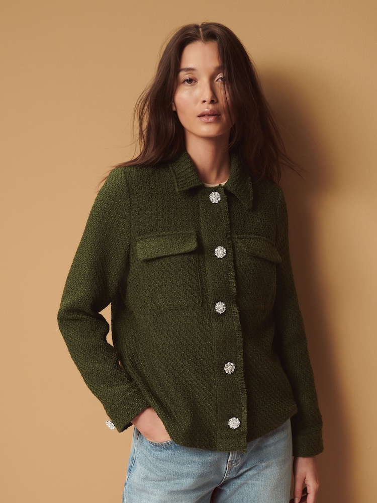Khaki Green Boucle Button Up Shacket - Image 2 of 7