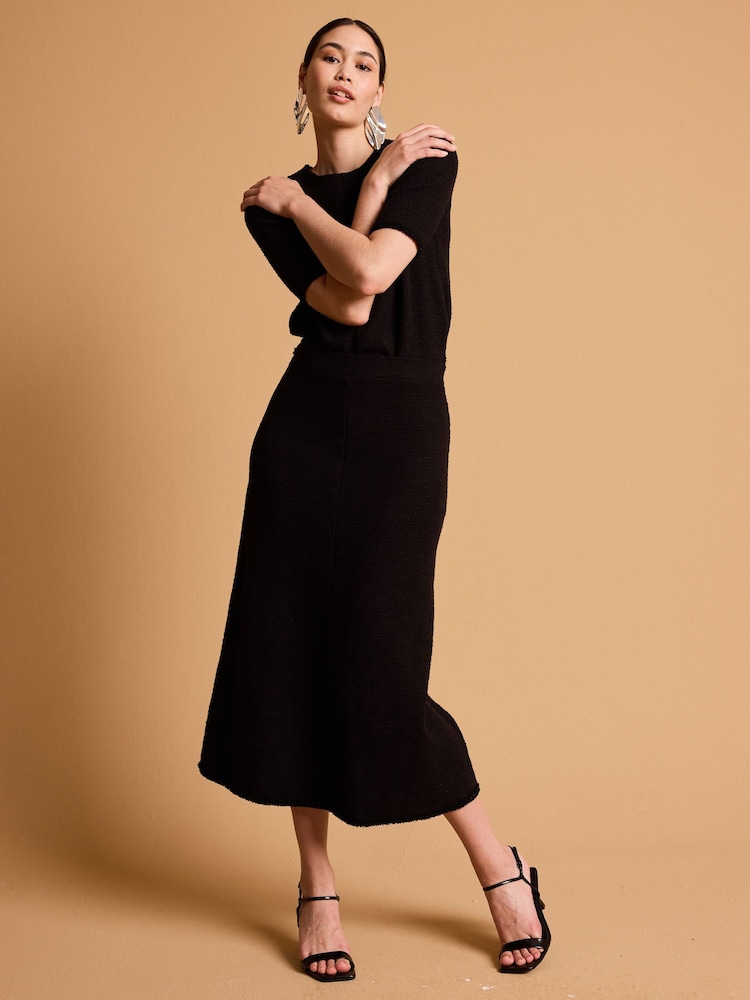 Black Boucle Midi Elasticated Waist Circle Skirt - Image 1 of 5