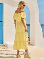 Sosandar Yellow Bardot Tiered Lace Trim Dress - Image 4 of 5