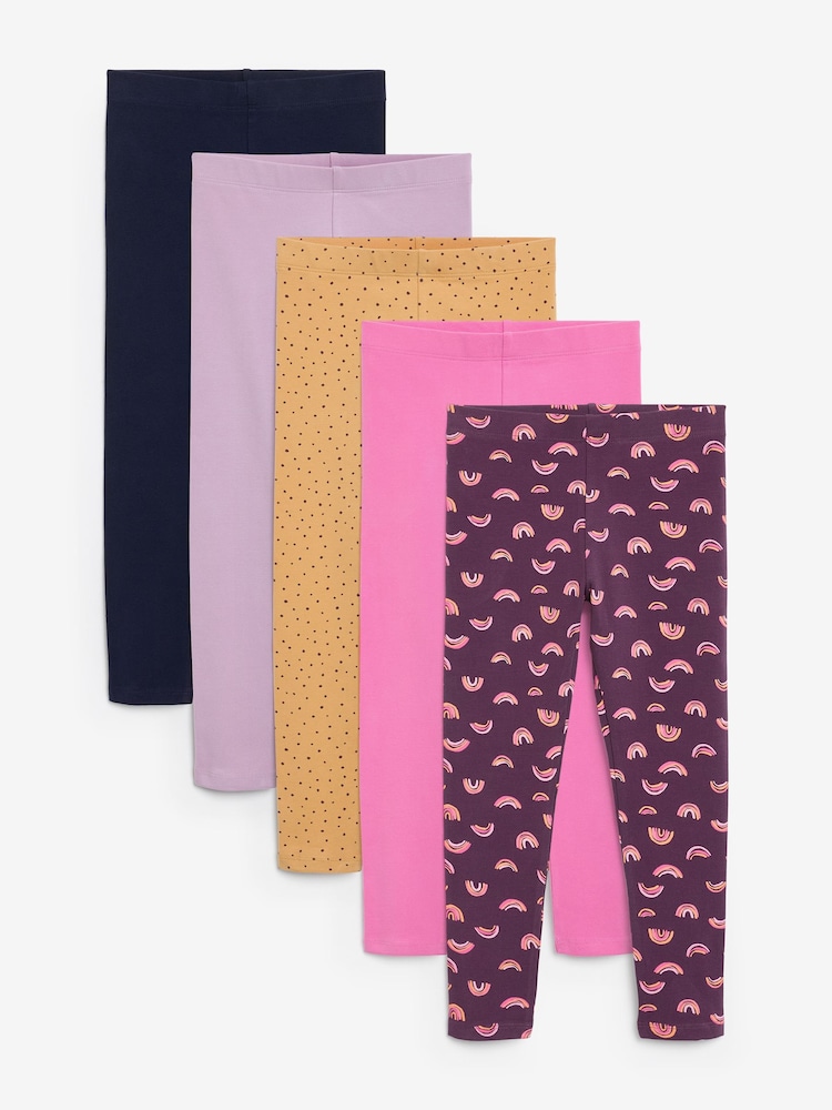 Pink/Purple Rainbow/Ochre Yellow Spot Leggings 5 Pack (3-16yrs) - Image 1 of 8