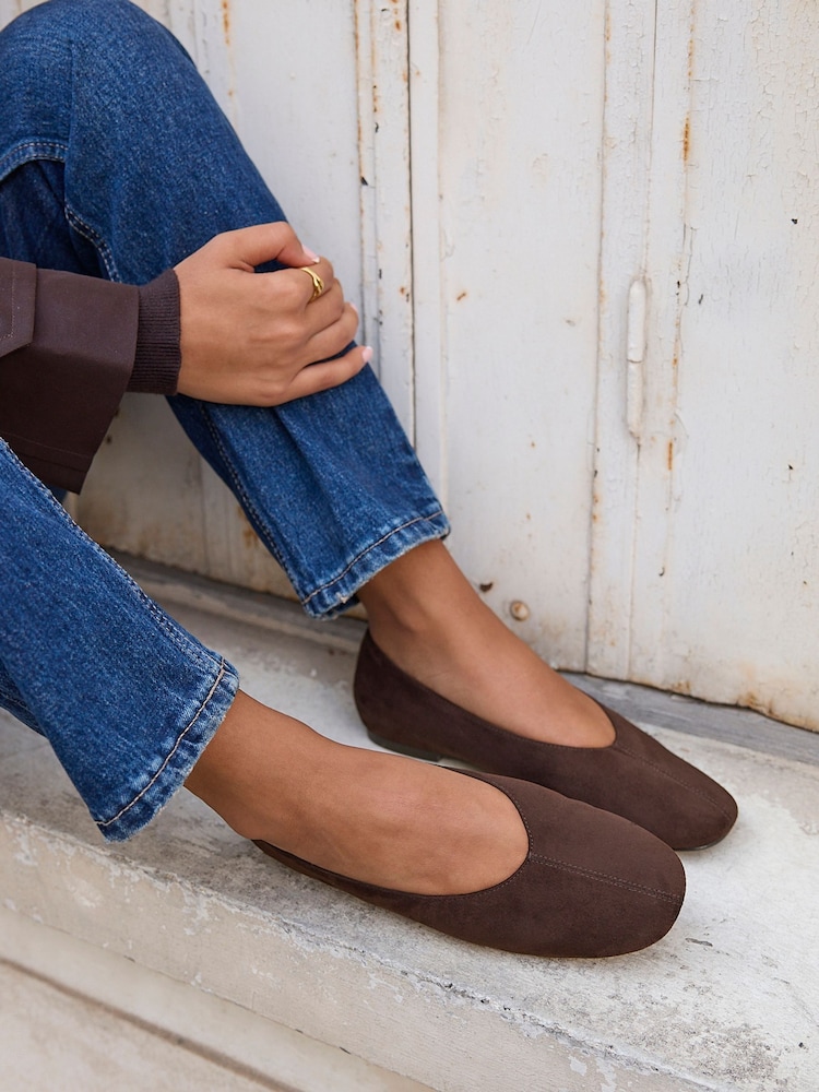 Linzi Brown Dedicate Wide Fit Square Toe Ballet Flats With Top Stitching - Image 1 of 6