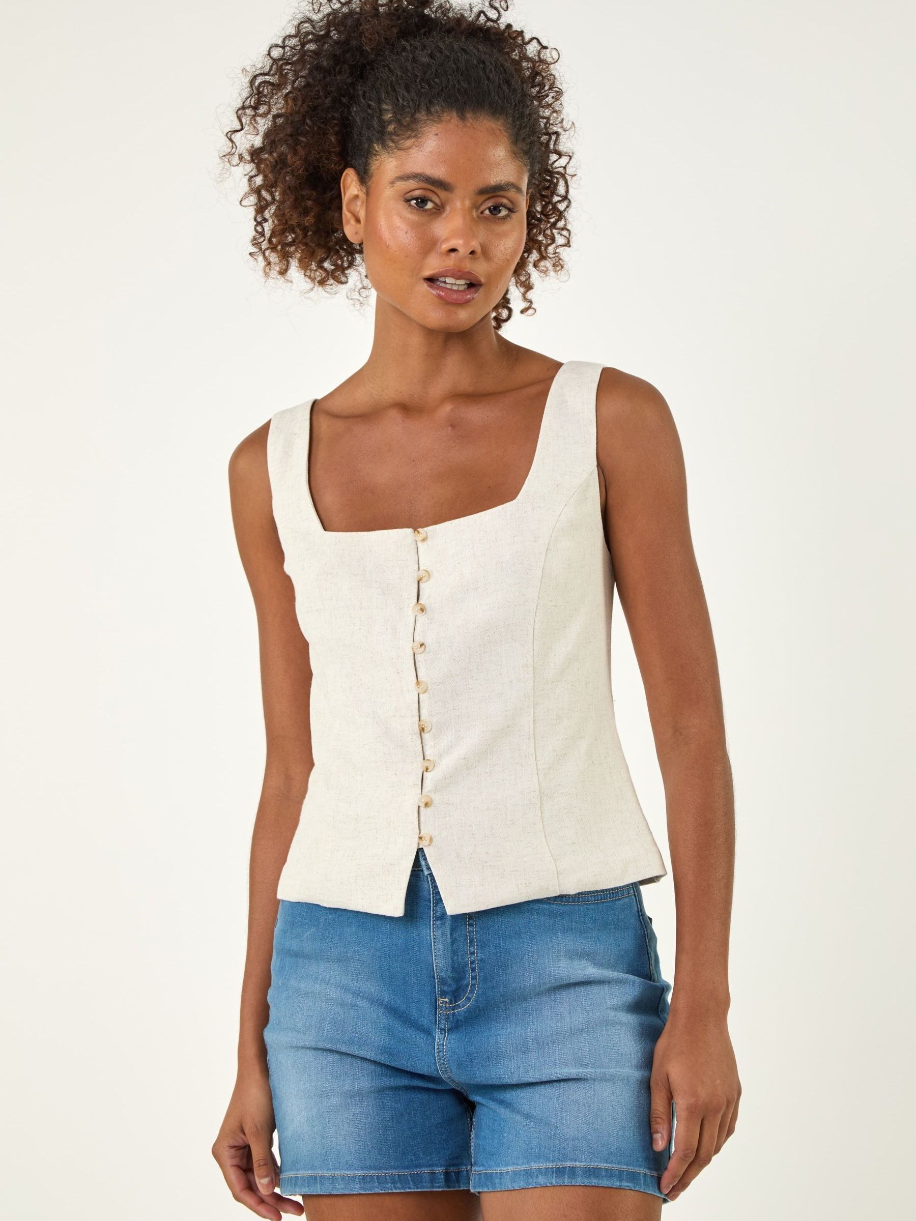 Roman Women's Natural Linen Blend Button Top - Image 1