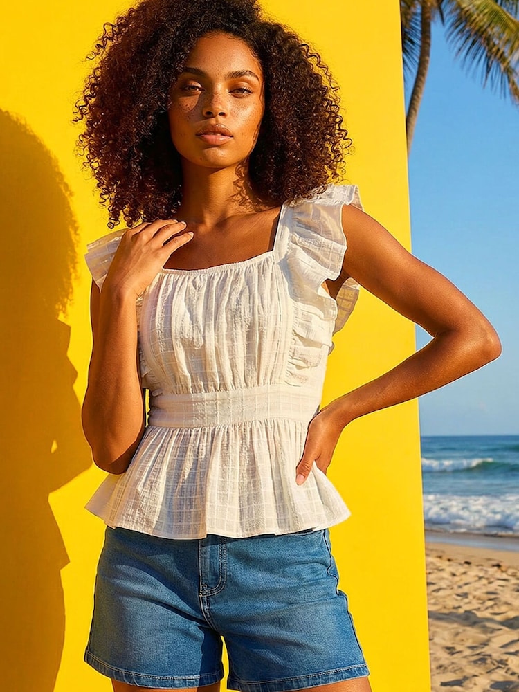 Roman White Textured Cotton Frill Top - Image 1 of 5