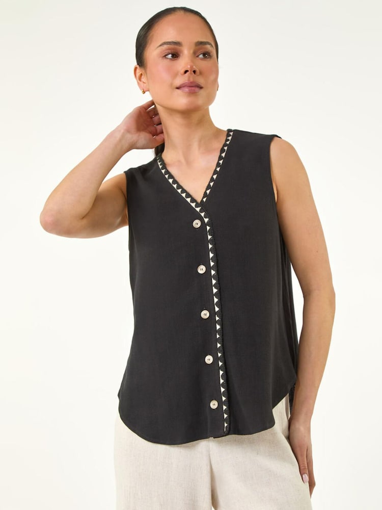 Roman Black Petite V-Neck Trim Detail Top - Image 1 of 5 Roman Black Petite V-Neck Trim Detail Top - Image 1 of 5