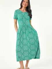 Roman Green Petite Aztec Gathered Dress - Image 1 of 5