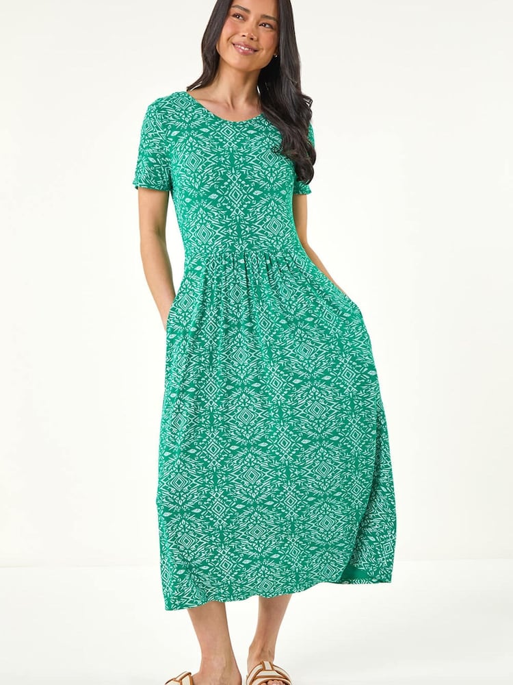 Roman Green Petite Aztec Gathered Dress - Image 1 of 5