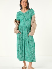 Roman Green Petite Aztec Gathered Dress - Image 3 of 5