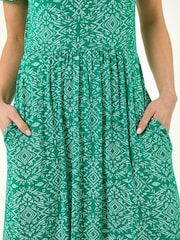 Roman Green Petite Aztec Gathered Dress - Image 4 of 5