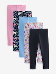 Blue/Pink Floral/Navy Unicorn Leggings 5 Pack (3-16yrs) - Image 1 of 8