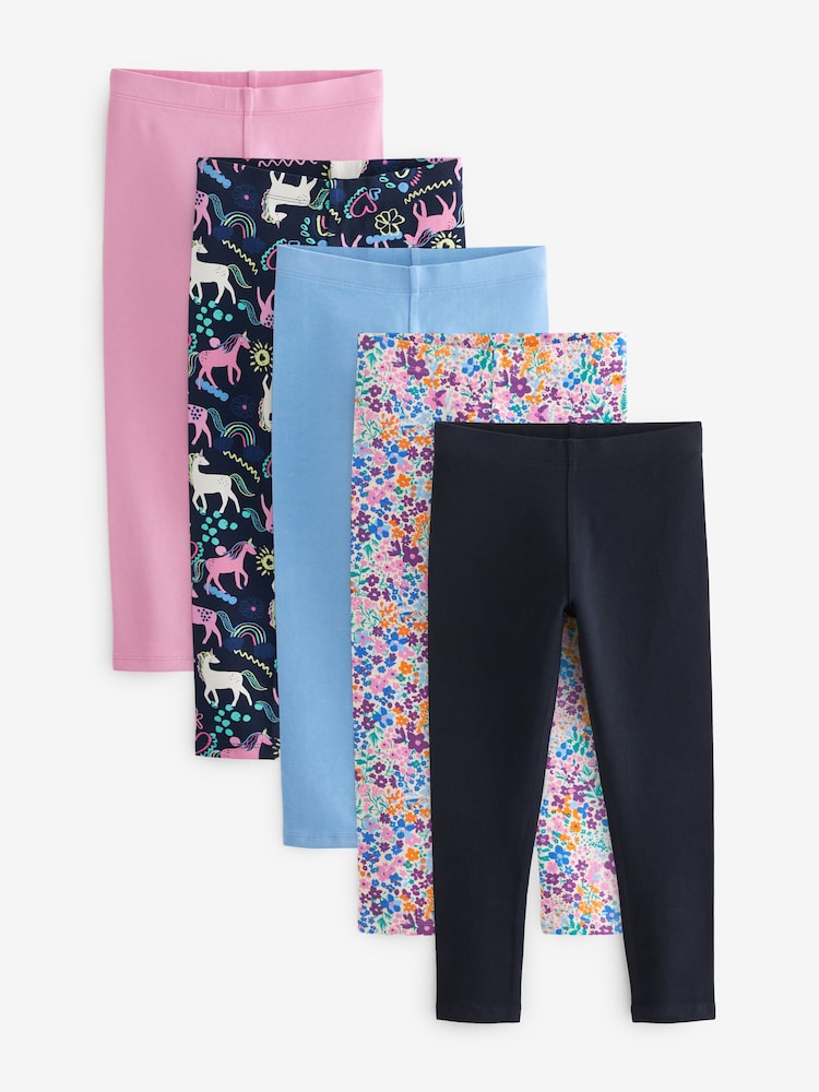 Blue/Pink Floral/Navy Unicorn Leggings 5 Pack (3-16yrs) - Image 1 of 8