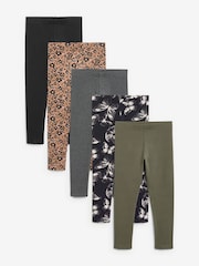 Khaki Green/Charcoal Grey/Purple Butterfly Leggings 5 Pack (3-16yrs) - Image 1 of 8